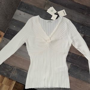 Sandro Paris white shirt long sleeve top sweater knitted vneck twisted wool ecru